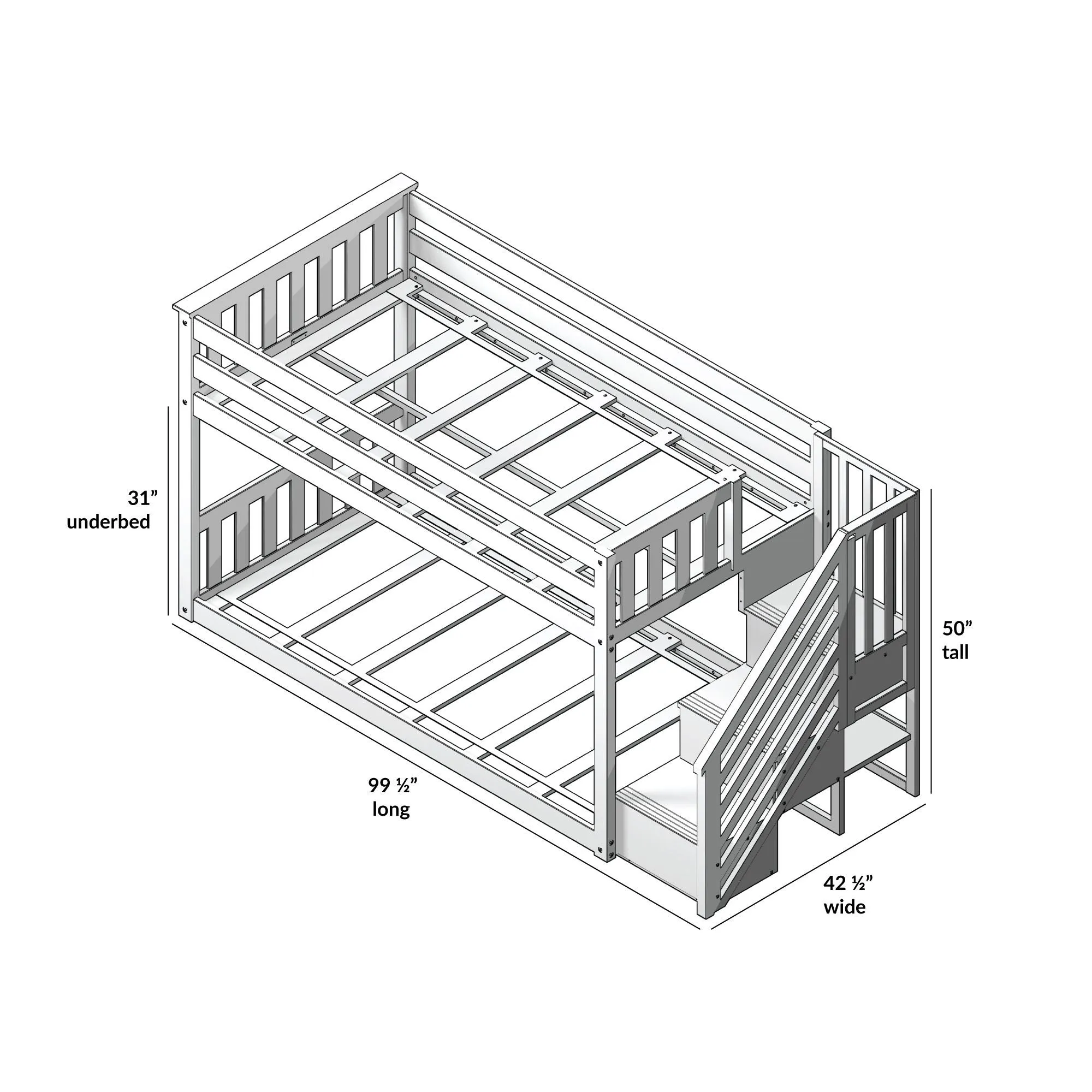 Twin Over Twin Low Bunk Bed With Stairs & Guardrails