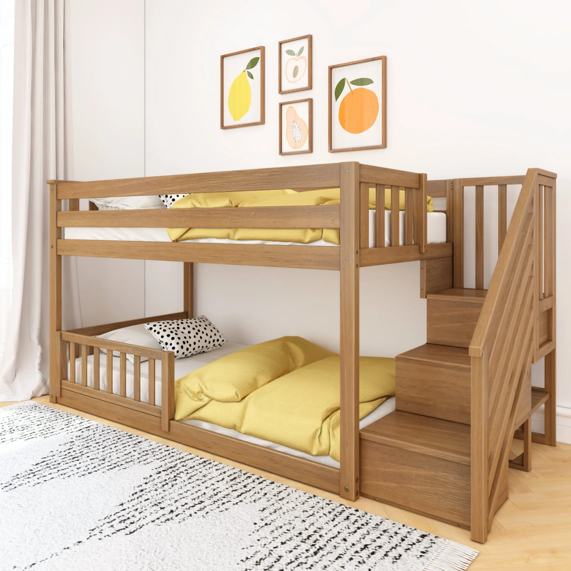 Twin Over Twin Low Bunk Bed With Stairs & Guardrails