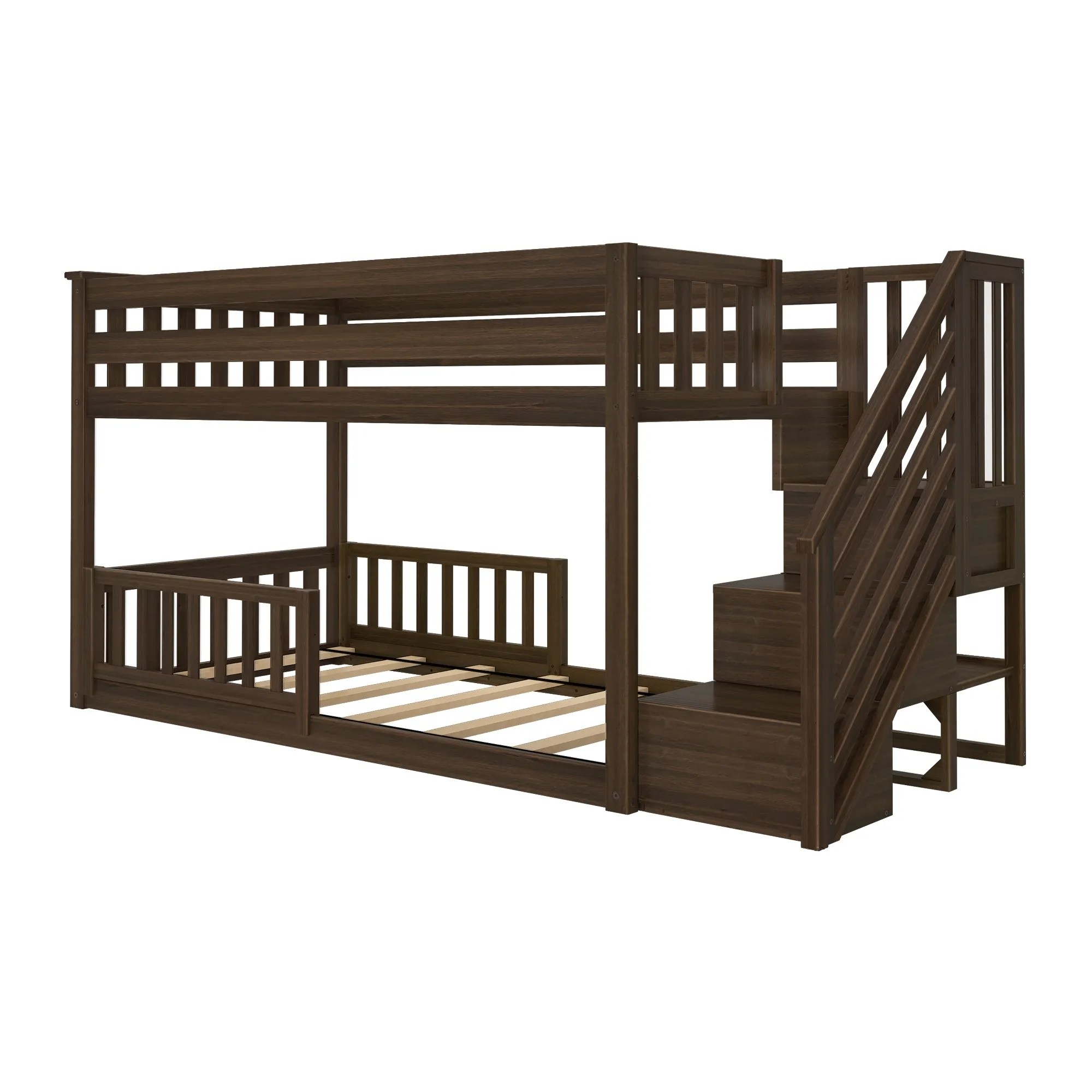 Twin Over Twin Low Bunk Bed With Stairs & Guardrails