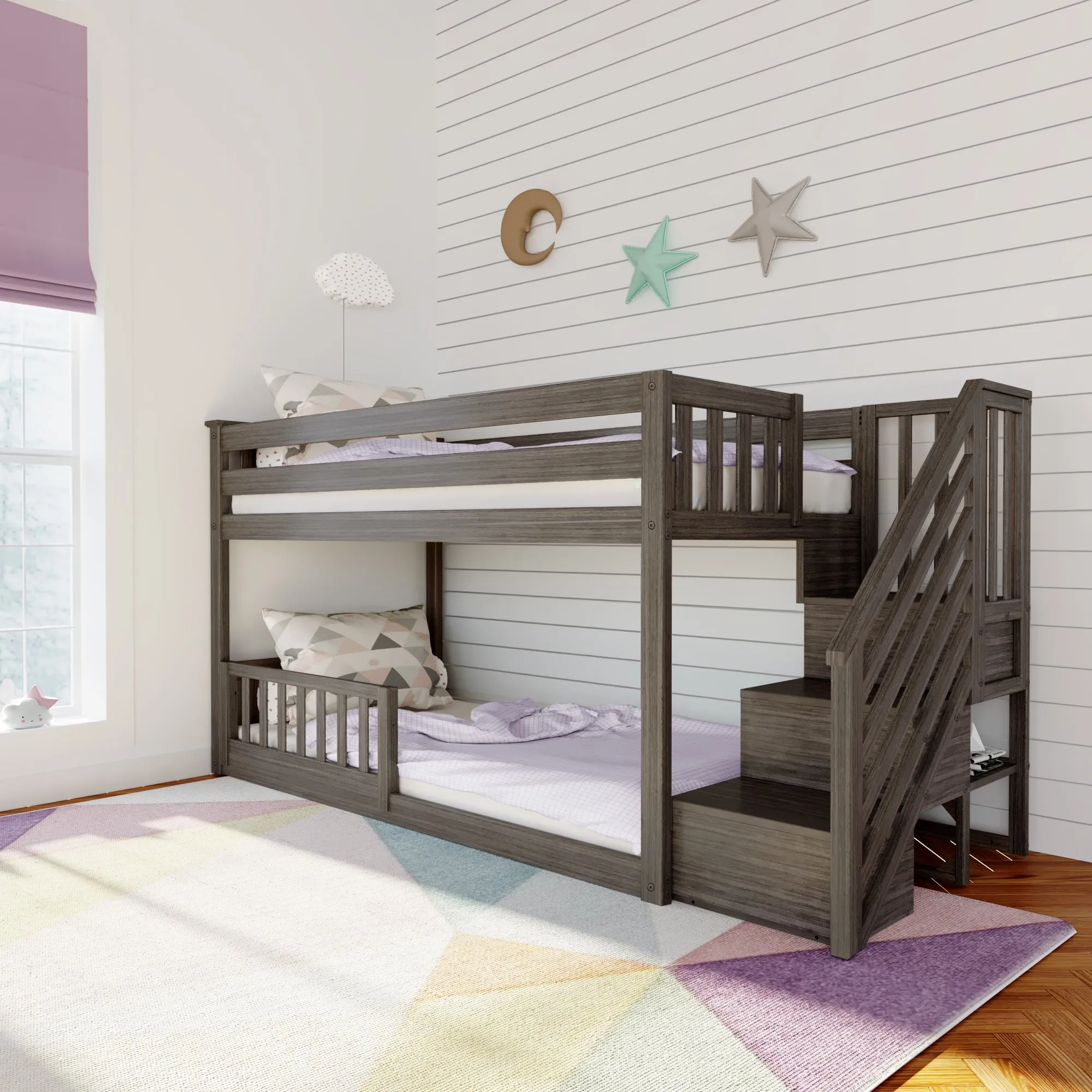 Twin Over Twin Low Bunk Bed With Stairs & Guardrails