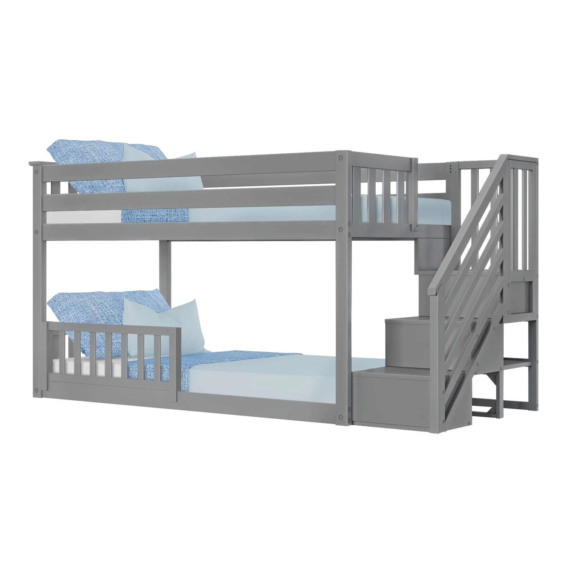 Twin Over Twin Low Bunk Bed With Stairs & Guardrails