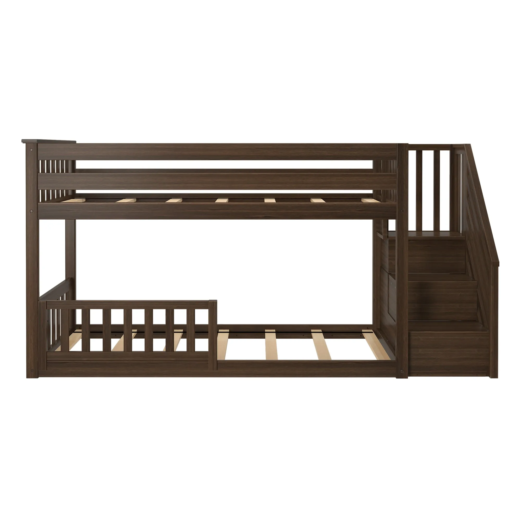 Twin Over Twin Low Bunk Bed With Stairs & Guardrails