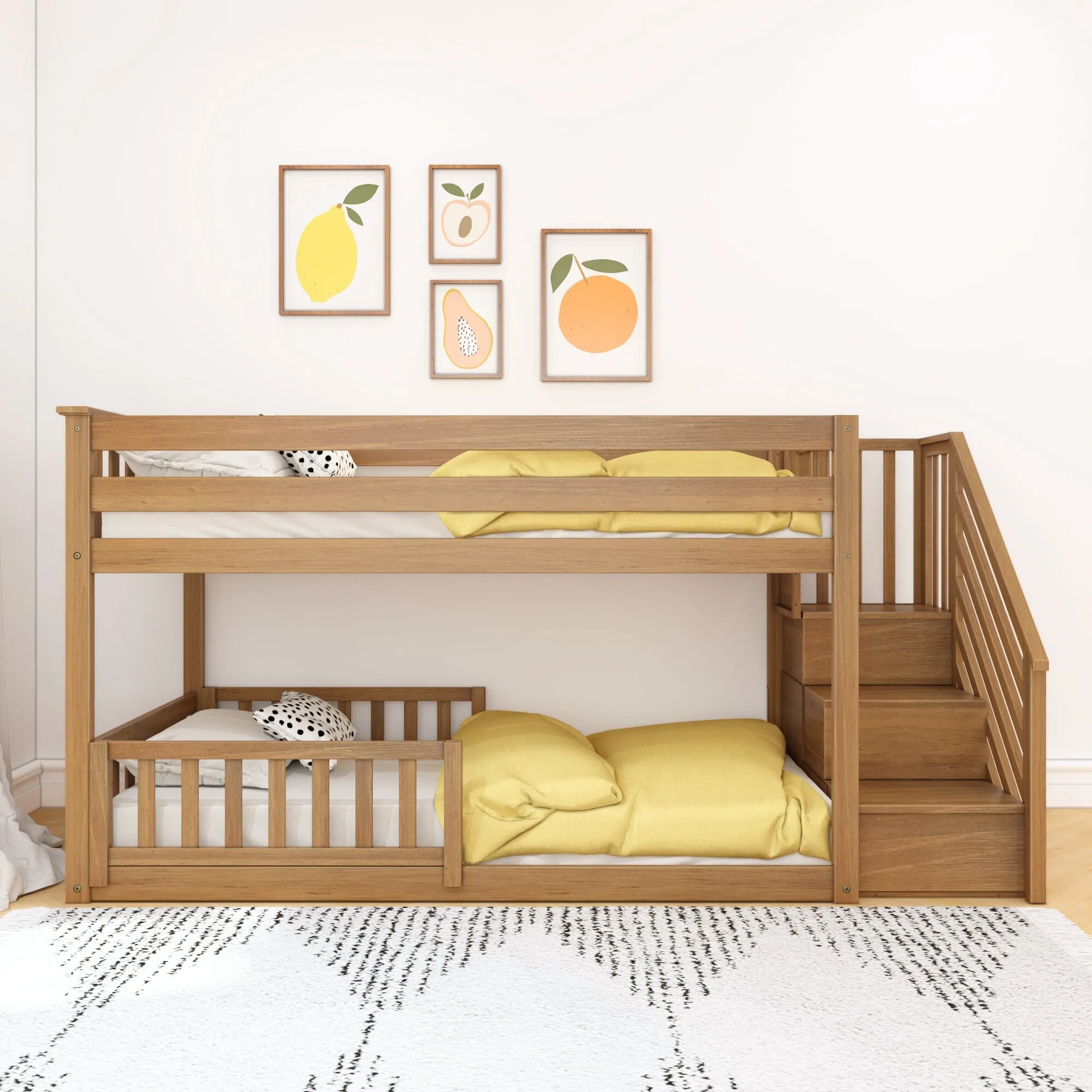 Twin Over Twin Low Bunk Bed With Stairs & Guardrails