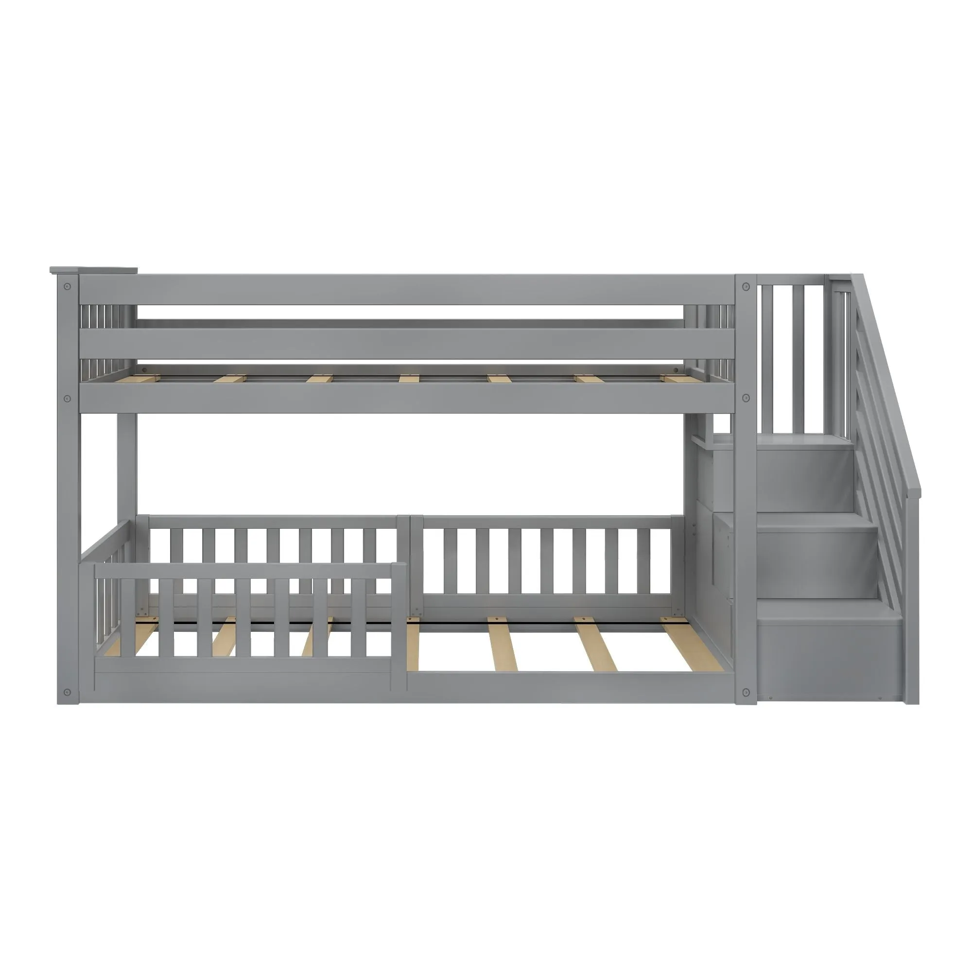 Twin Over Twin Low Bunk Bed With Stairs & Guardrails