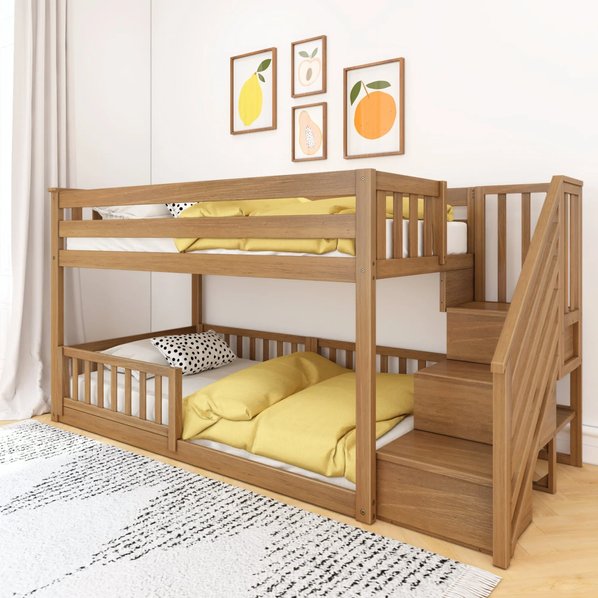 Twin Over Twin Low Bunk Bed With Stairs & Guardrails