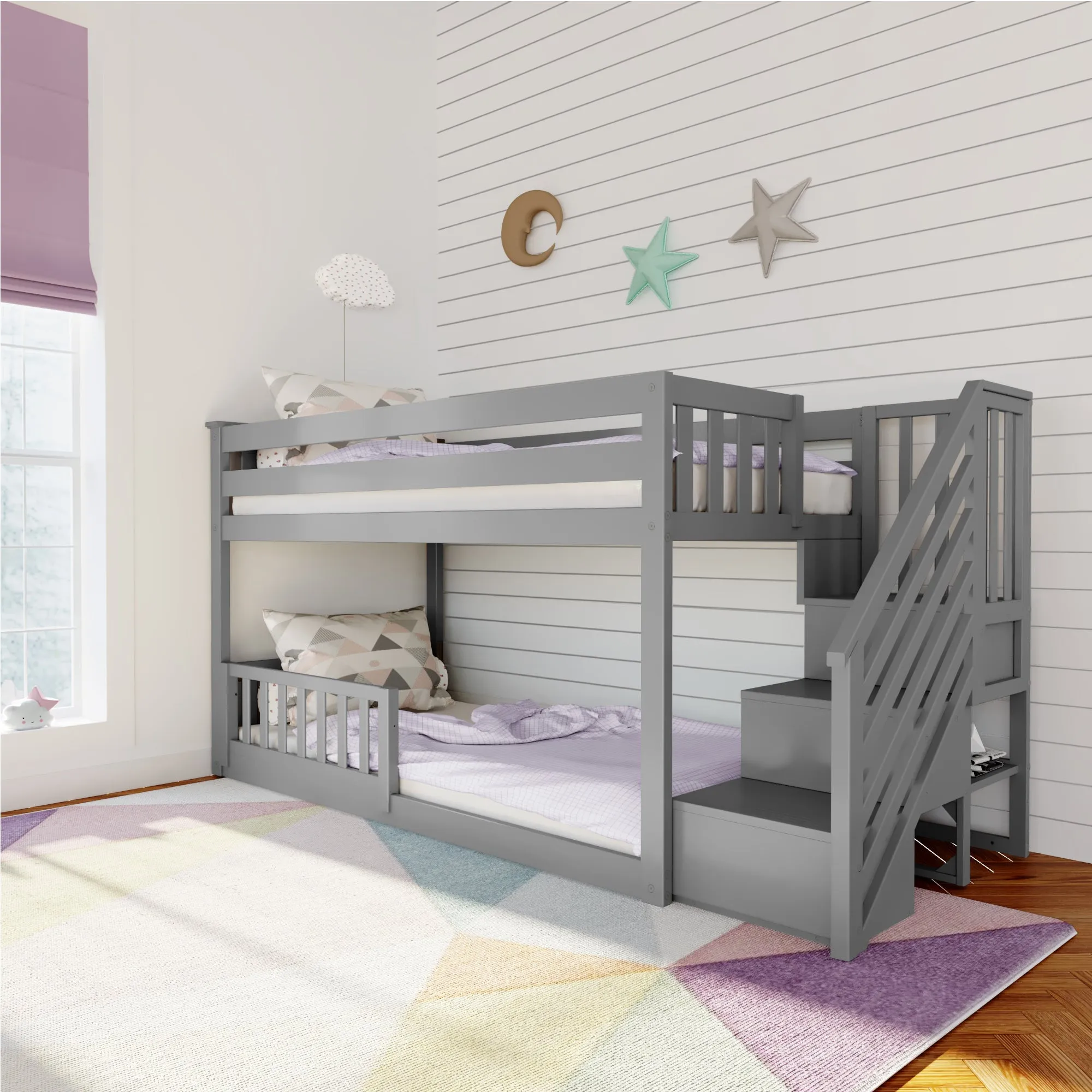 Twin Over Twin Low Bunk Bed With Stairs & Guardrails