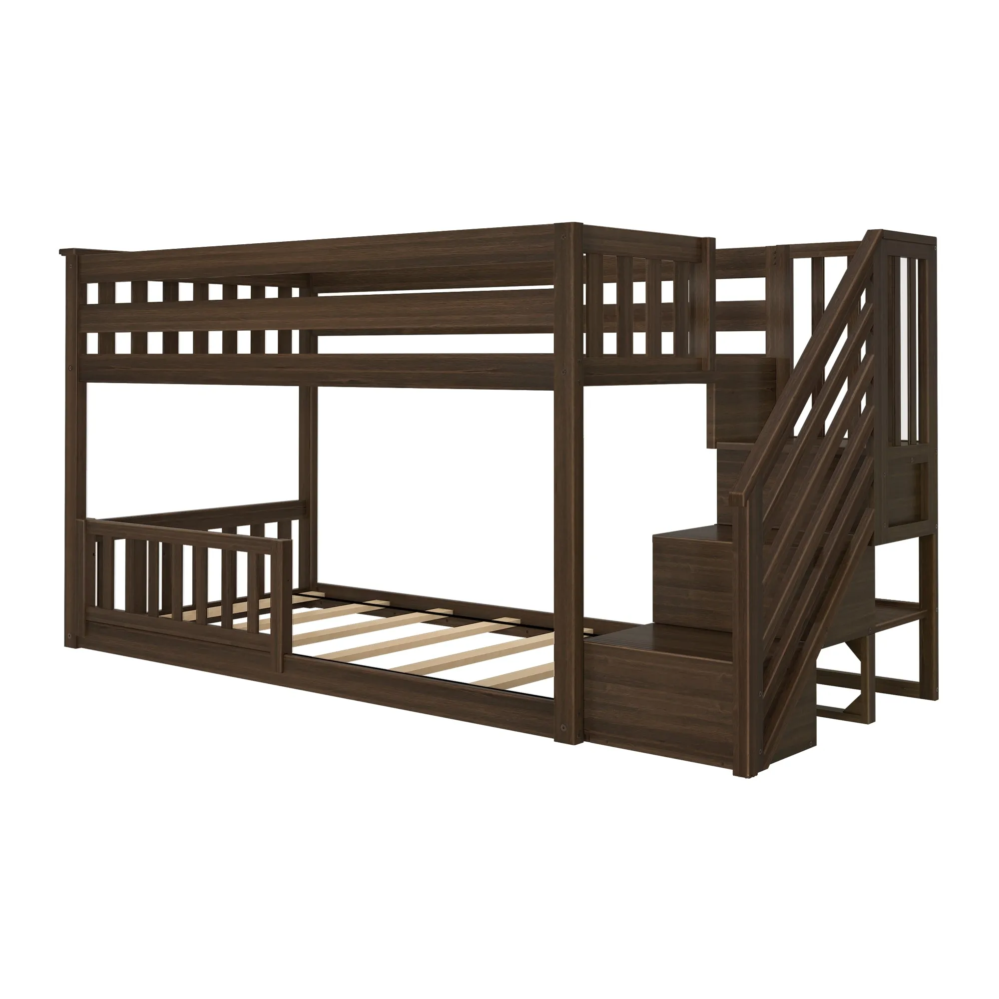 Twin Over Twin Low Bunk Bed With Stairs & Guardrails