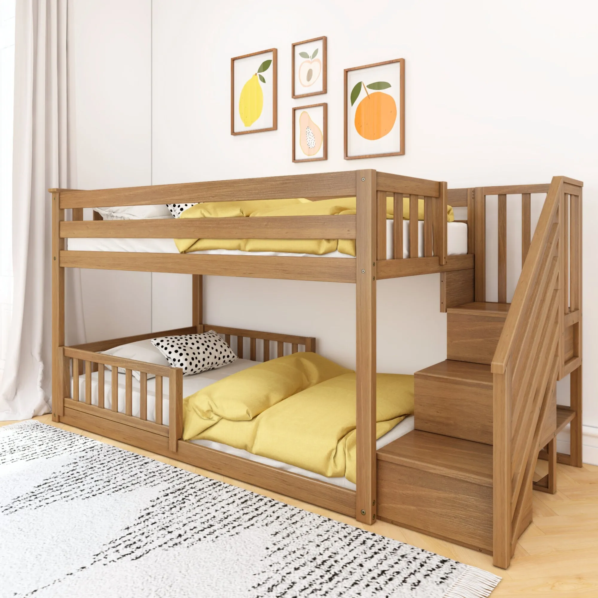 Twin Over Twin Low Bunk Bed With Stairs & Guardrails