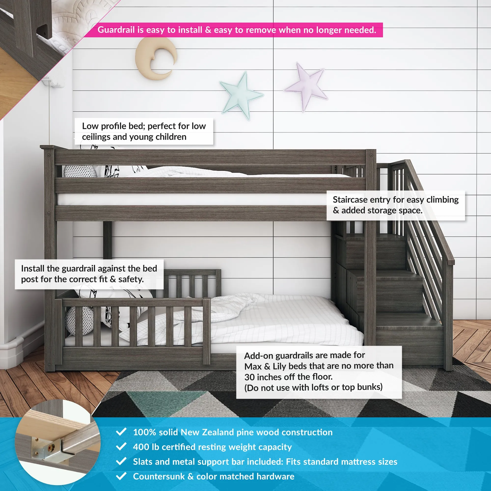 Twin Over Twin Low Bunk Bed With Stairs & Guardrails