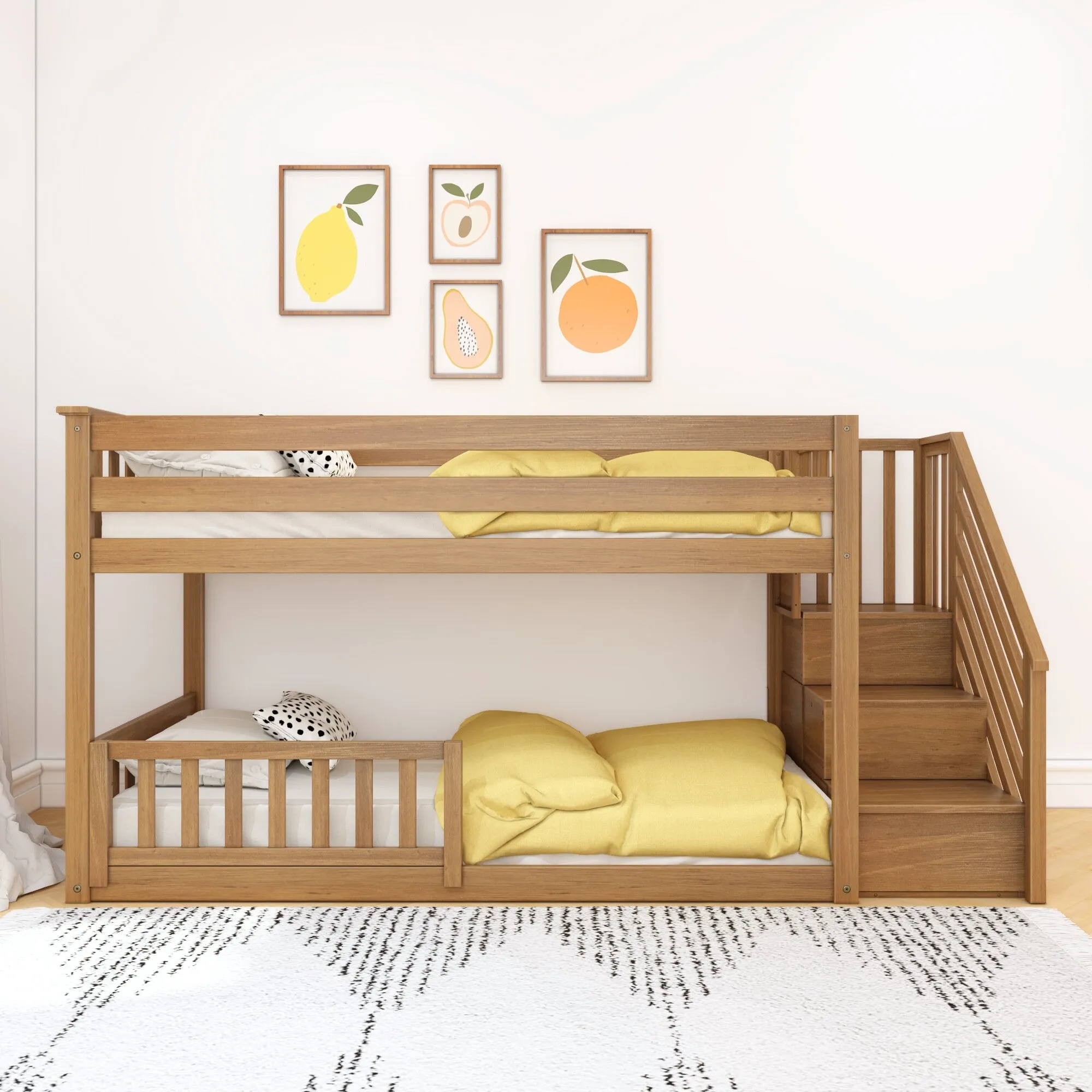 Twin Over Twin Low Bunk Bed With Stairs & Guardrails