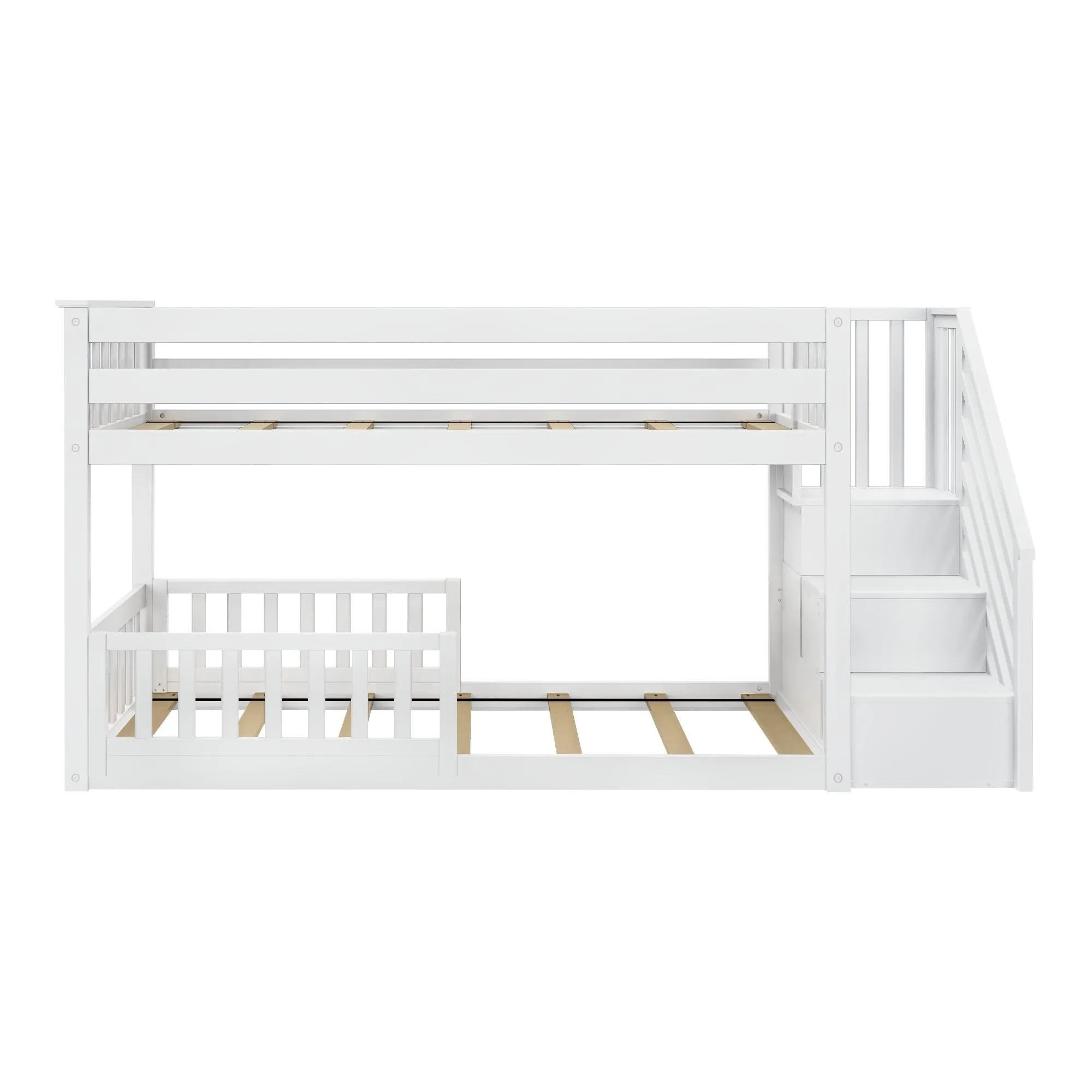 Twin Over Twin Low Bunk Bed With Stairs & Guardrails