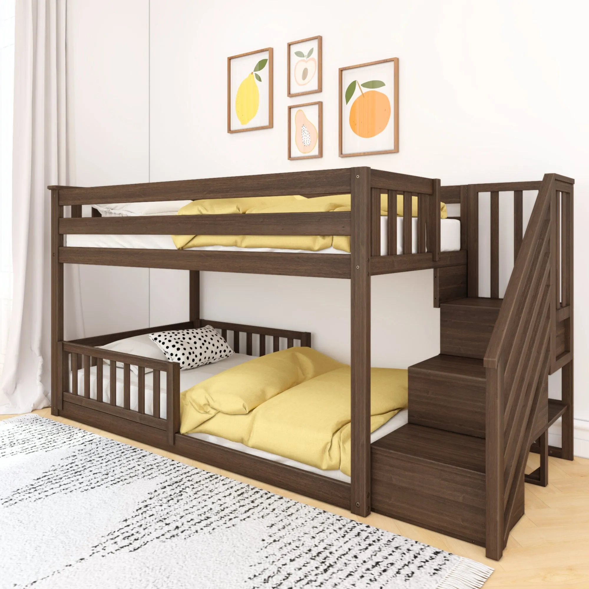 Twin Over Twin Low Bunk Bed With Stairs & Guardrails