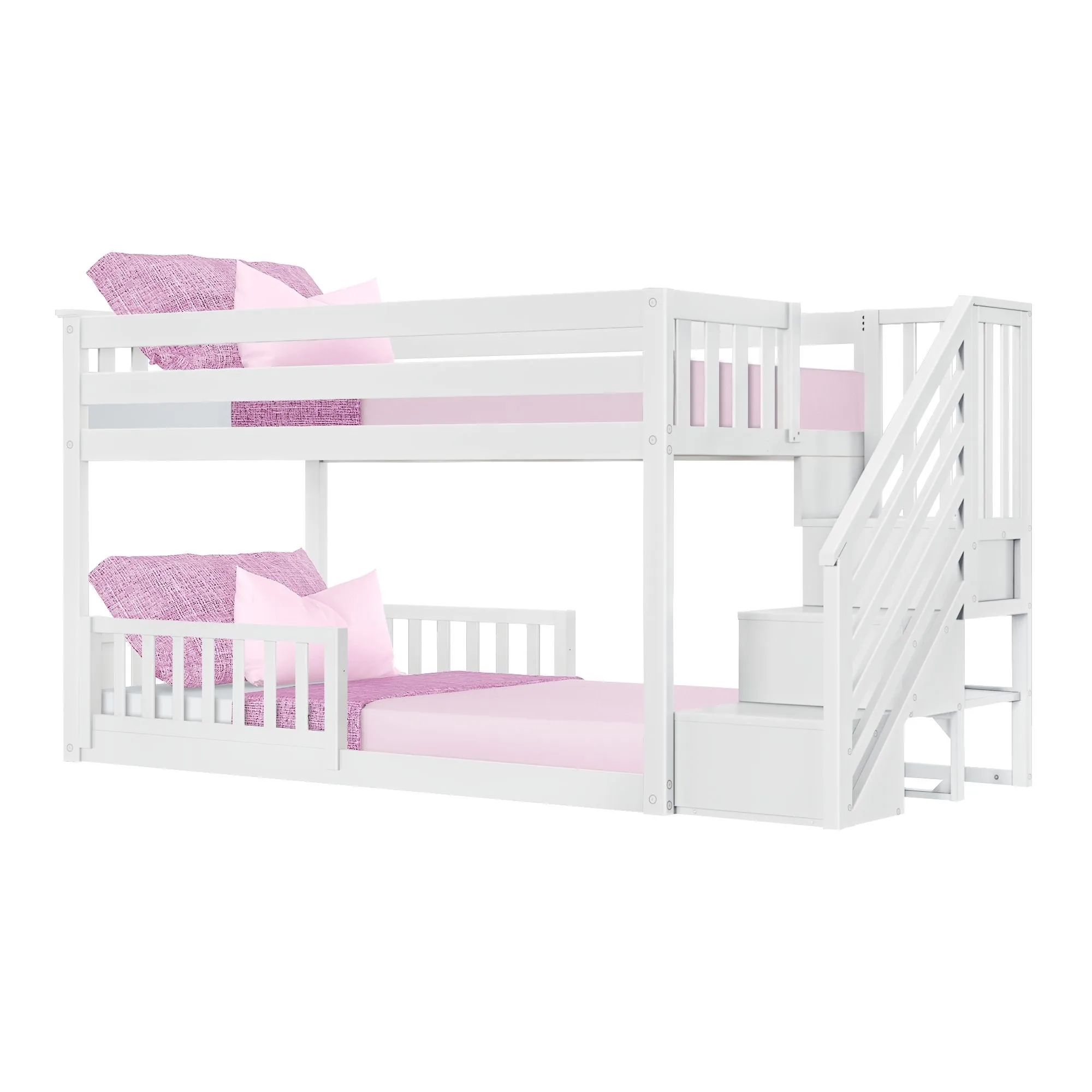 Twin Over Twin Low Bunk Bed With Stairs & Guardrails