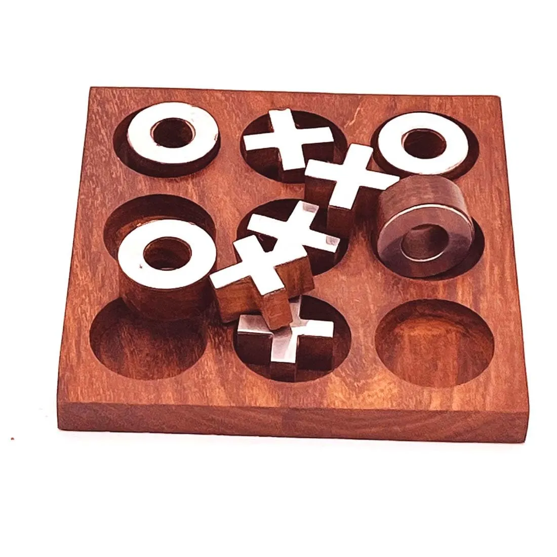 Zyntix Handmade Puzzle Wooden Toys Game Tie-Tac-Toe Silver Game for Kids Wooden Toys Increase Brain Power Traditional Challenging Board Game for Kids and Adults (Round)